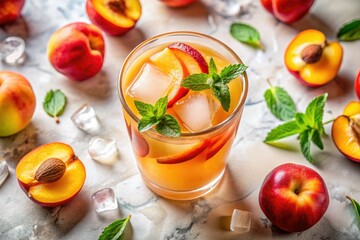 Sun-drenched peach lemonade, a refreshing summer escape, elegantly presented on cool marble.