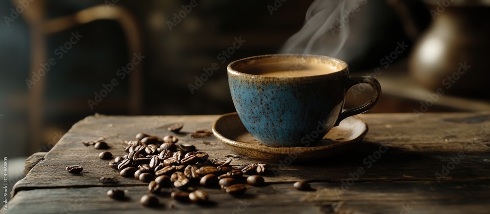 Poster coffee cup with steaming beverage surrounded by roasted coffee beans on rustic wooden table creating