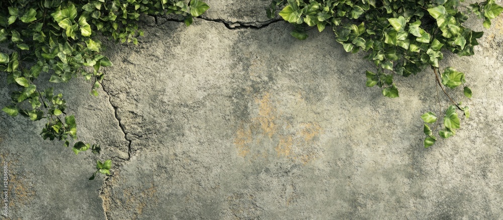 Poster concrete wall texture with creeping green vines creating a natural contrast against the rough surfac