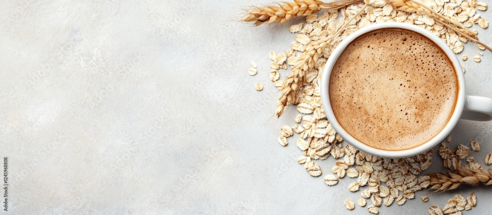 Poster Coffee and oats on a light background with ample negative space for text or branding opportunities in a wellness or breakfast context