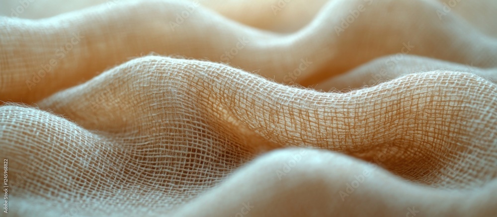 Poster Soft crumpled fabric texture in warm tones showcasing elegant folds and gentle shadows for creative background use.