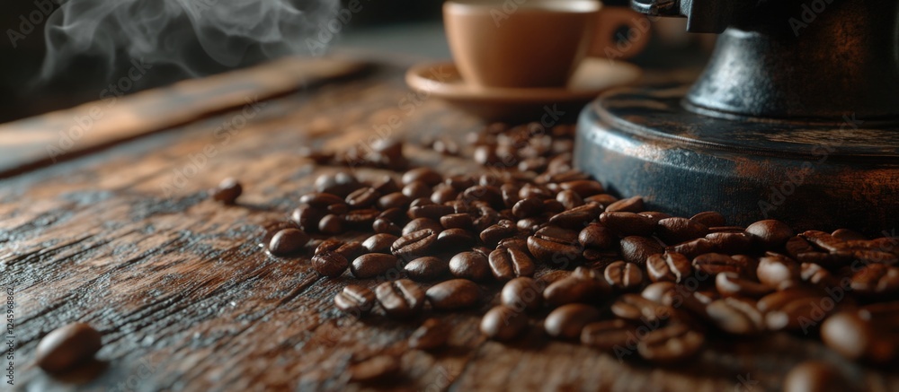 Poster coffee beans arrangement with a cup and grinder on rustic wooden table creating a cozy and inviting 