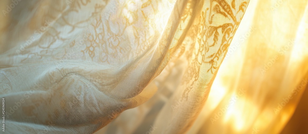 Fototapete Elegant sheer curtain with intricate patterns softly illuminated by warm light, creating a sophisticated background texture for various designs.