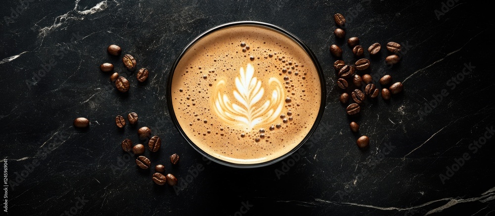 Poster aromatic latte art coffee in black marble setting with coffee beans showcasing cafã© elegance and in