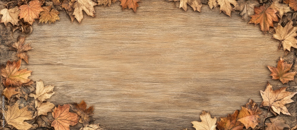 Aufkleber autumn maple leaves frame on weathered wood surface creating a rustic backdrop for seasonal themes