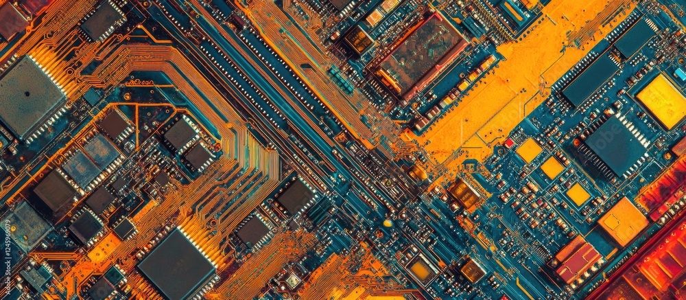 Poster Abstract close-up of a colorful computer circuit board with chips and electronic components highlighting technology and innovation in electronics.