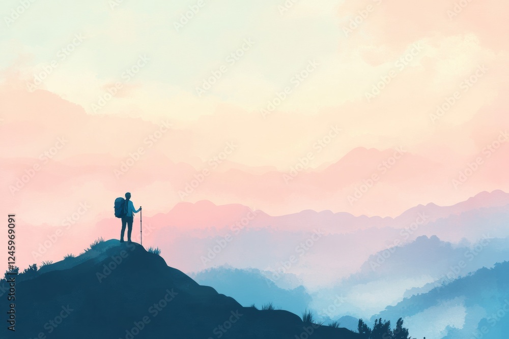 Poster hiker gazes over vast mountain range with colorful sky during sunset. generative ai