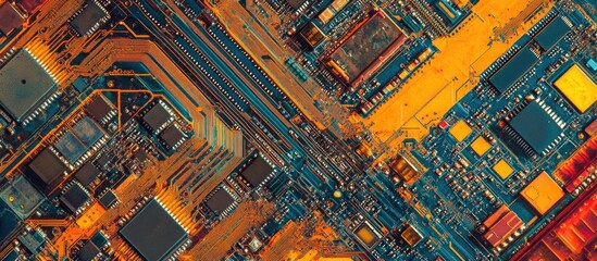 Abstract close-up of a colorful computer circuit board with chips and electronic components highlighting technology and innovation in electronics.