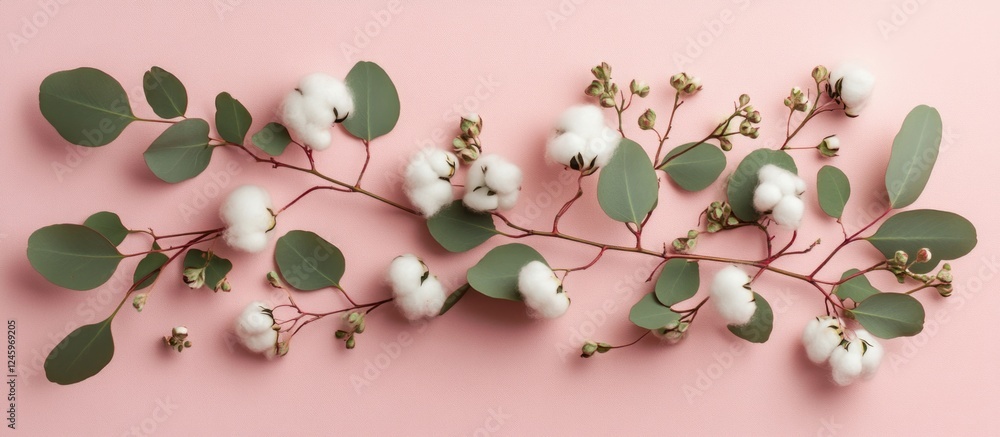 Poster eucalyptus branches intertwined with cotton flowers on a soft pink background creating a serene and 