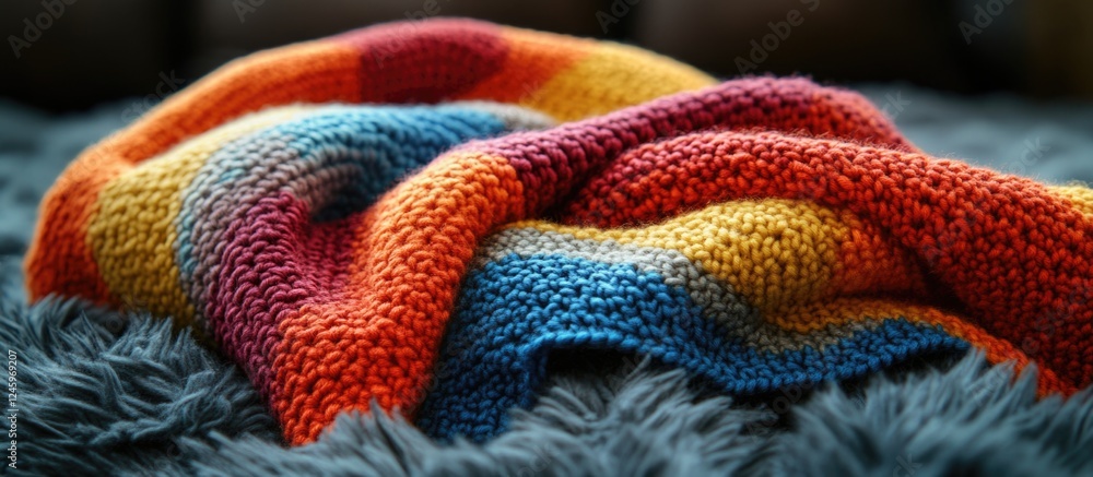 Aufkleber handwoven crochet blanket in vibrant colors resting on plush surface creating a cozy and artistic ho