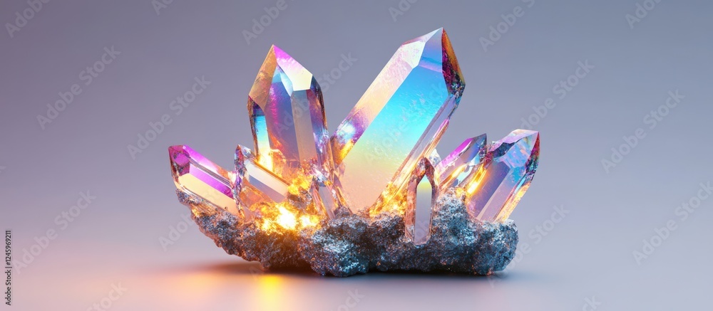 Poster rainbow crystal cluster with metallic sheen isolated on grey background showcasing vibrant colors an