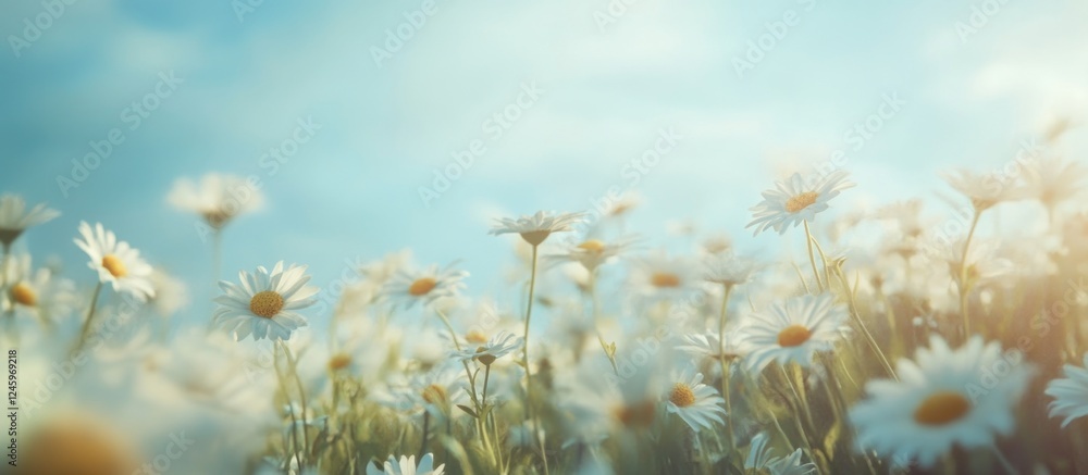 Poster daisy flowers meadow in soft focus creating a tranquil spring background with ample copy space for t