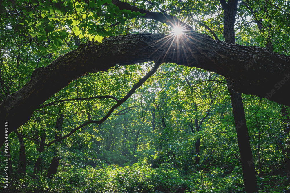 Aufkleber tree with sunlight filtering through leaves creating a natural backdrop in a serene outdoor environm