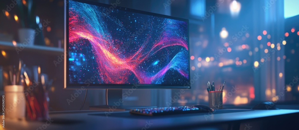 Poster modern office workspace with computer displaying vibrant holographic technology concepts and a cozy 