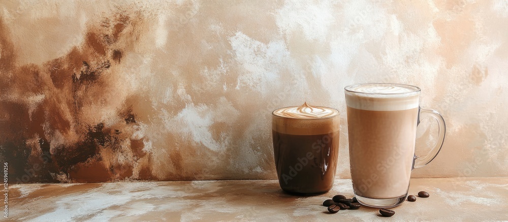 Poster cup of coffee and chocolate milk on textured abstract paper surface with coffee beans scattered in a