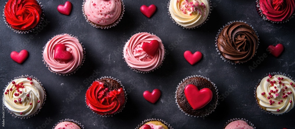 Poster valentine's day themed cupcakes arranged on dark background with decorative hearts adding a romantic