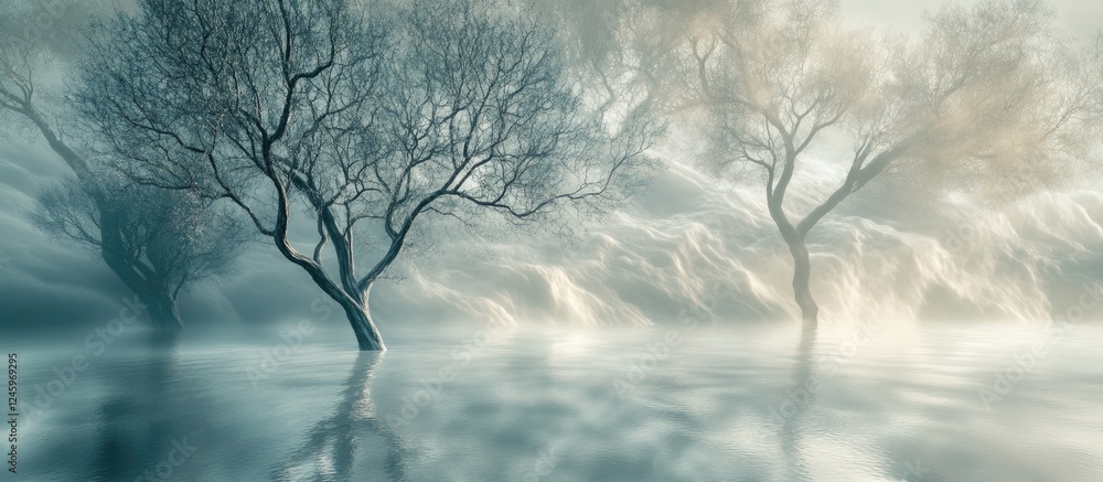 Poster serene landscape with dry trees reflected in a foggy pool creating an ethereal and mystical atmosphe