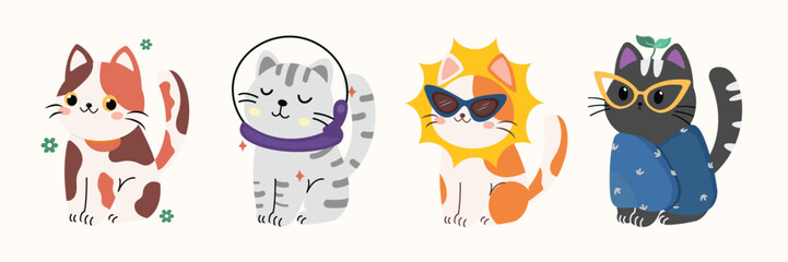 vector four adorable cute cats with fur colors orange, gray, black, and cookie standing happily