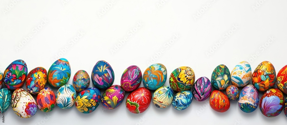 Poster Colorful painted Easter eggs arranged on a white background with ample empty space for festive text or creative designs