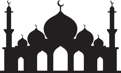 Black Mosque Silhouette with Minarets and Crescent Moon Ideal for Eid Celebration Decor and Islamic Art. Islamic Mosque icon vector art.