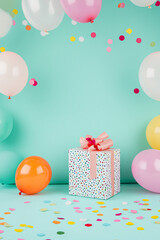 A festive scene with a gift box wrapped in colorful dots, surrounded by balloons and confetti. A joyful celebration setup symbolizing happiness and party decor.
