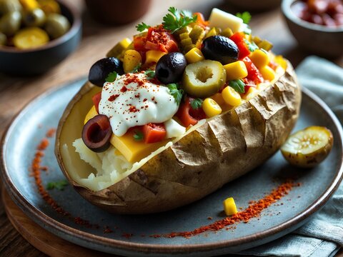 Indulge in Turkish Kumpir: A Mouthwatering Stuffed Baked Potato Filled with Cheese, Butter, and an Array of Toppings, Creating a Flavorful, Customizable Delight