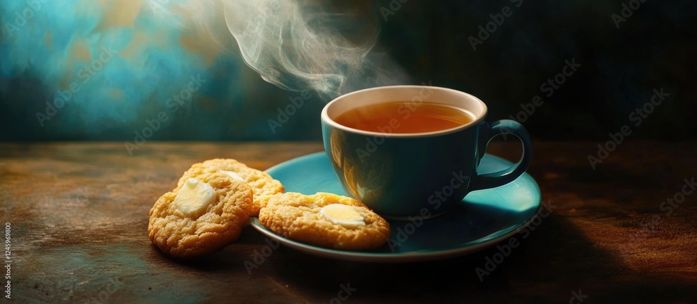 Poster tea cup with steaming beverage and milk cookies arranged on rustic backdrop for cozy food and bevera