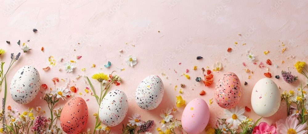 Aufkleber colorful easter eggs arrangement with spring flowers on a soft pink background featuring empty space