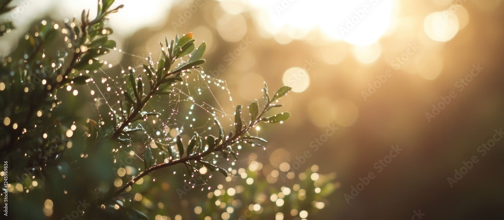 Aufkleber morning dew on a spider web illuminated by sunlight creating a beautiful bokeh effect in nature's se
