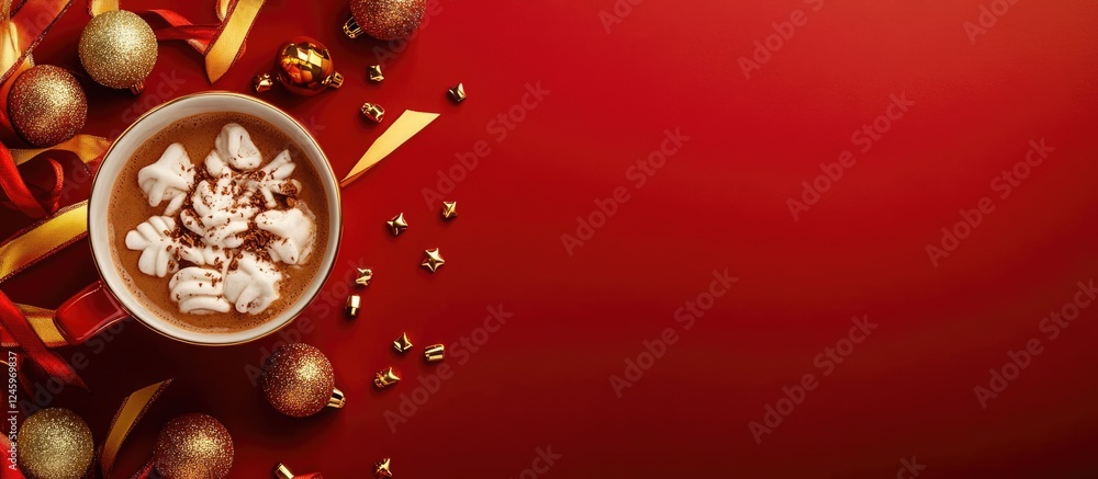 Poster warm cocoa in a cup with festive gift on red backdrop creating a cozy christmas and new year atmosph