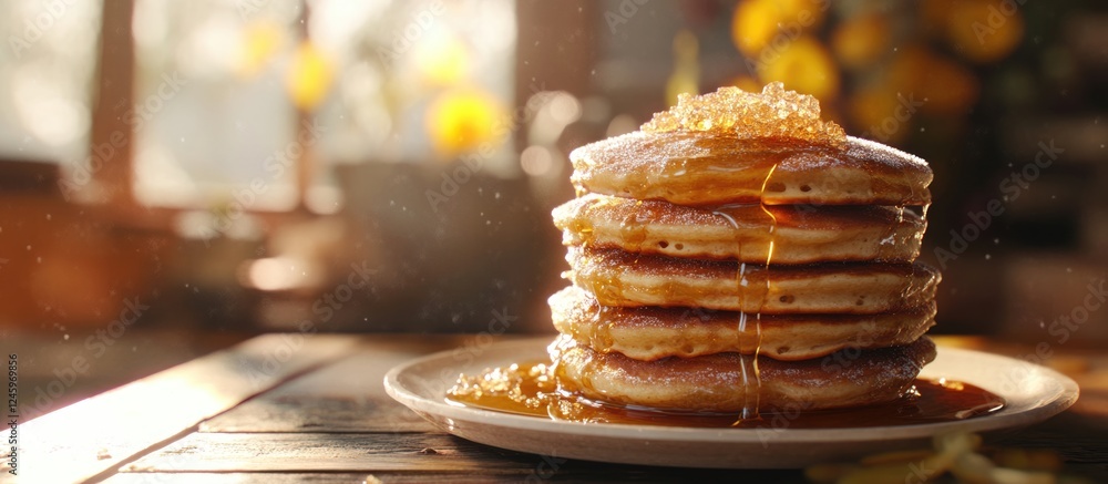 Poster pancakes drizzled with syrup and garnished with brown cane sugar crystals on a rustic table setting