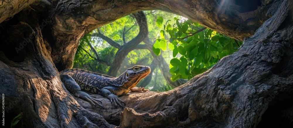 Poster water monitor lizard varanus salvator resting in tree hollow surrounded by lush foliage in kruger na