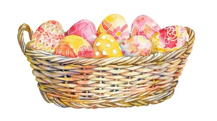 Watercolor cozy Easter basket with pastel pink, yellow, and red patterned eggs inside the wicker basket