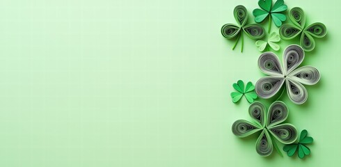 St. Patrick's Day banner with shamrock leaves made of paper quilling on a light green background. Saint Patrick's Day concept banner design template.