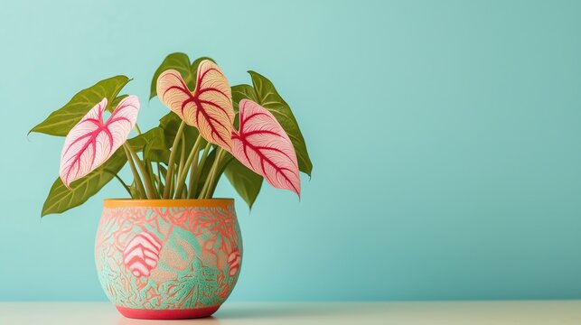 Vibrant Pink And Green Caladium Houseplant In Ornate Pot Against Teal BackgroundsAndKeywords
