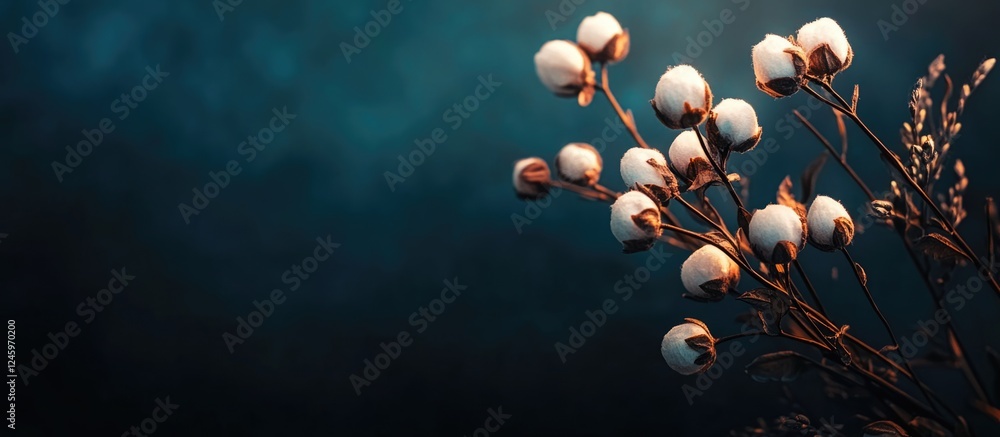 Aufkleber Cotton Flower Buds Arrangement in Soft Dramatic Light with Negative Space for Custom Text Overlay