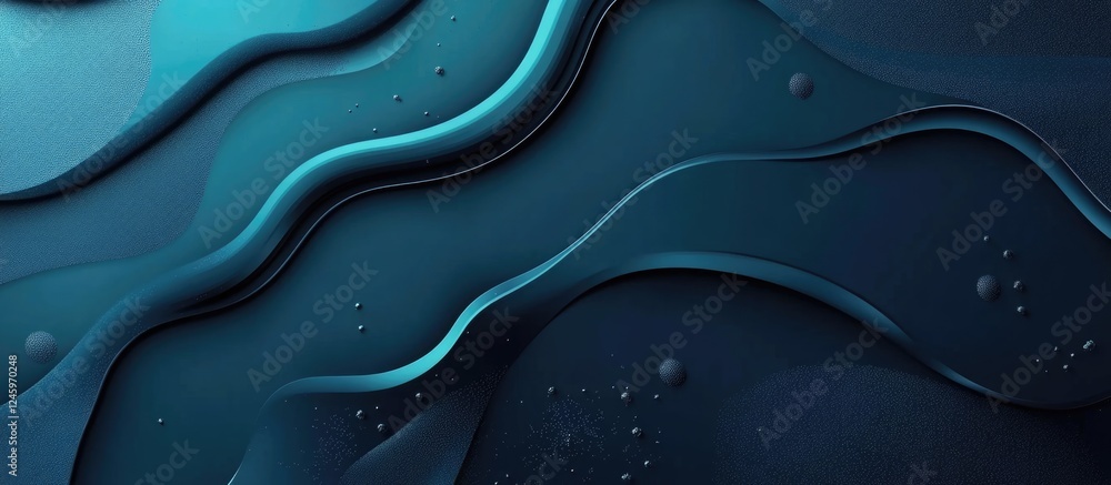 Poster dark blue and turquoise abstract background with flowing shapes and space for text minimalistic mode