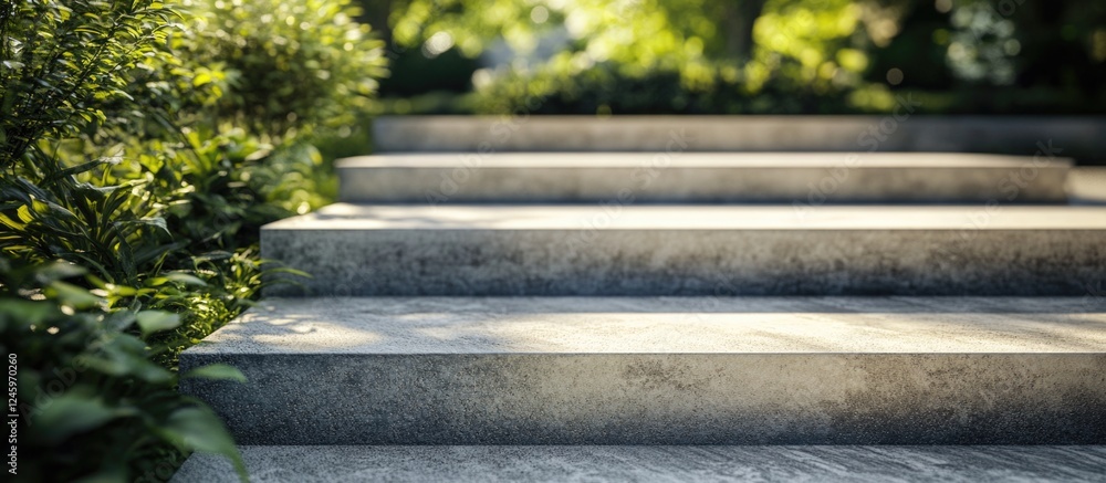 Poster concrete steps with intricate patterns surrounded by greenery in a serene outdoor setting showcasing