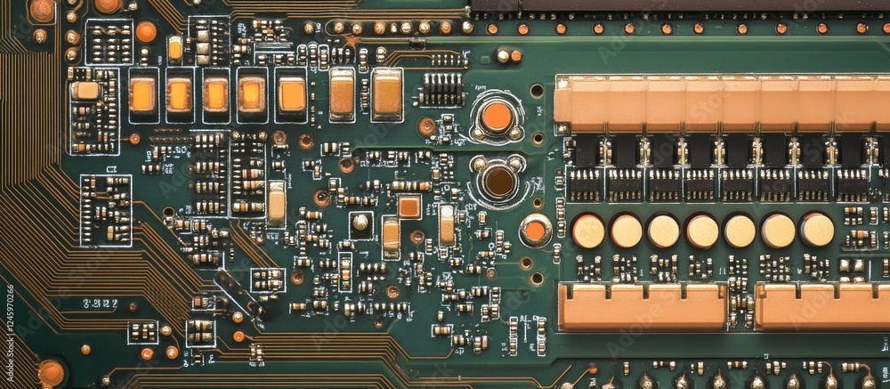 Leinwandbilder Detailed close-up of a computer motherboard showcasing intricate circuit designs and electronic components for technology background and design use.