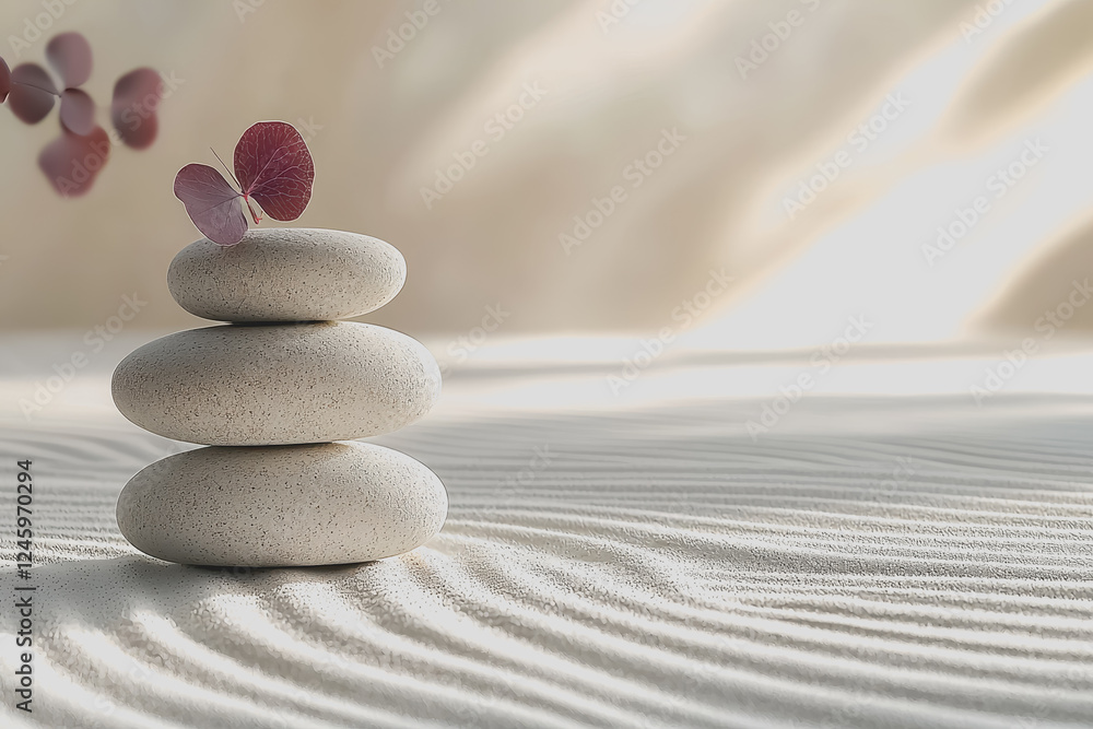 Poster a stack of smooth stones with a green leaf placed on top in a serene natural setting
