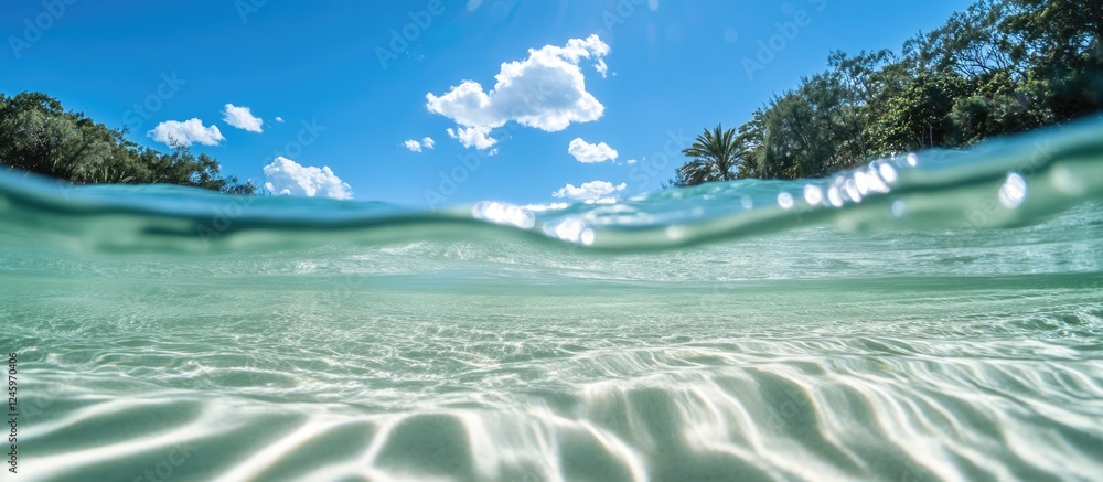 Aufkleber clear turquoise waters with gentle waves under a bright blue sky and hints of mucilage on the surfac