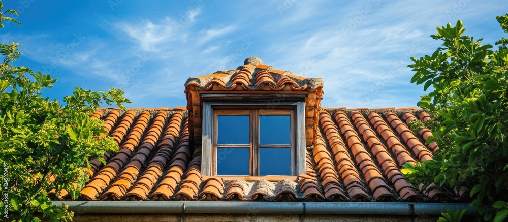 Aufkleber curvy attic window with decorative design on a red tiled rooftop surrounded by lush greenery under a