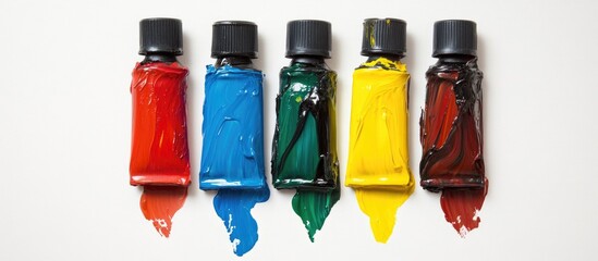 Vibrant array of five colorful oil paint tubes arranged horizontally on a clean white background showcasing artistic potential and creativity