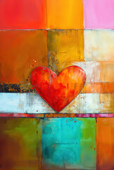 Abstract painting of a red heart with colourful squares in the background