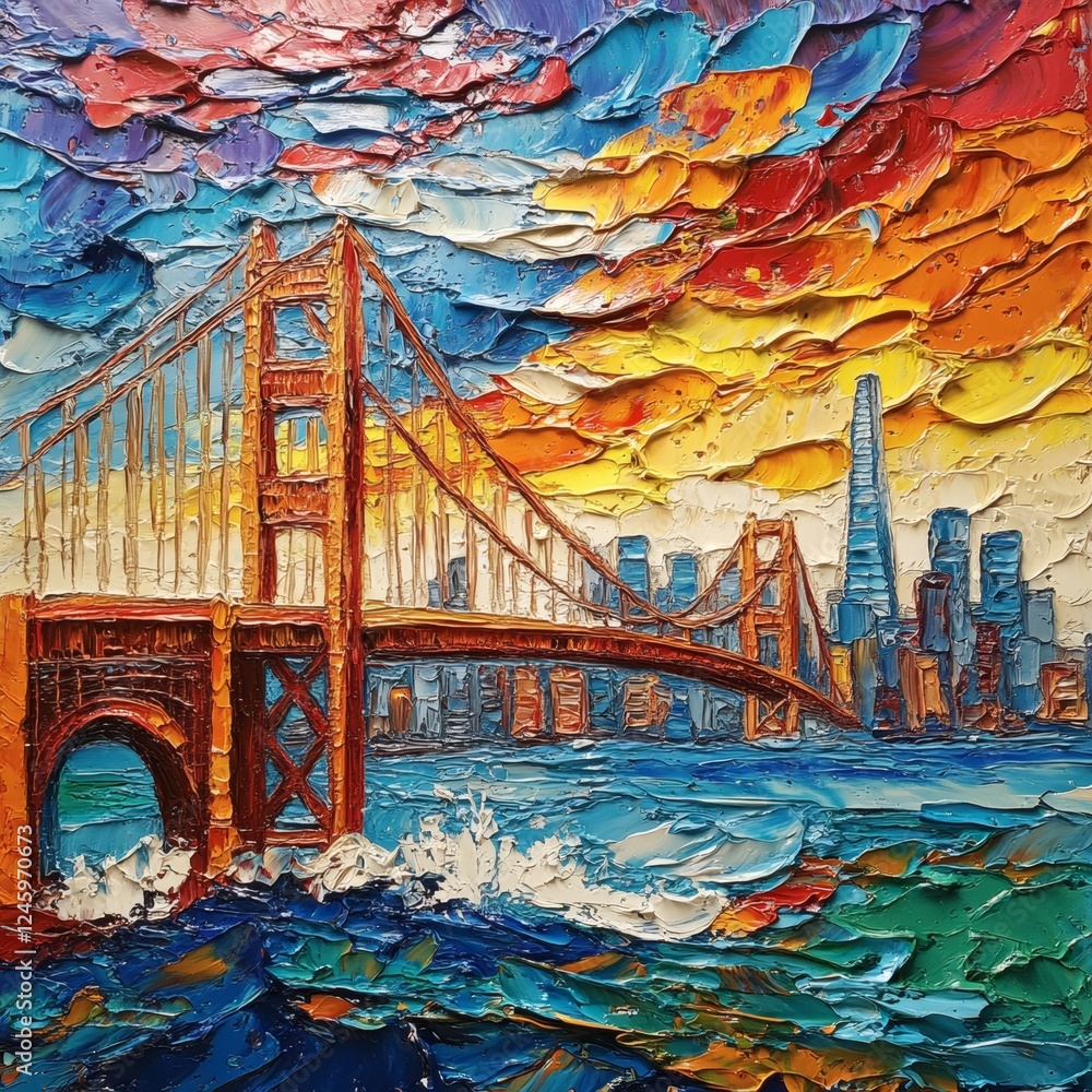 Poster vibrant impasto painting of the golden gate bridge against the san francisco skyline sharp edges and