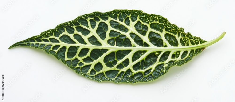 Poster Unique Clidemia hirta leaf showcasing intricate patterns against a stark white background highlighting its vibrant green color.