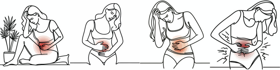 set continuous line woman stomach ache