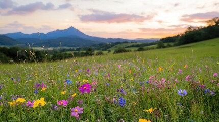 Obraz premium Sunset wildflowers meadow, mountain backdrop, summer evening