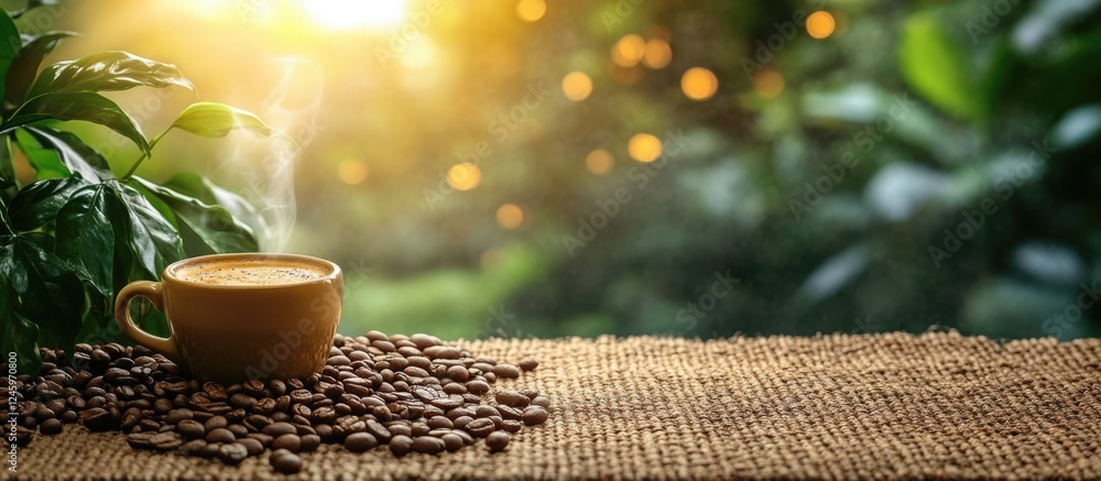 Poster natural coffee scene with cup and beans set against a serene background featuring sunlight and green