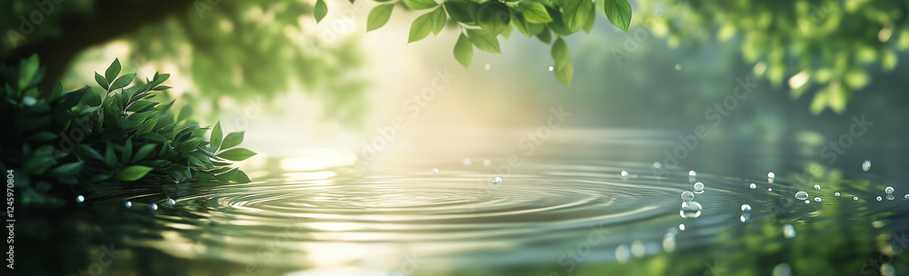 Aufkleber blurred background of water and green trees with sunlight reflection, a nature-inspired blurred back